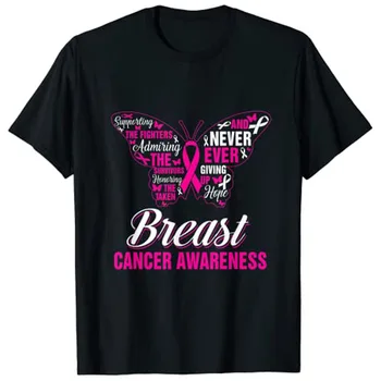 Conscientização Do Câncer De Mama Borboleta Cor-De-Rosa Da Fita Esperança De T-Shirt Gráfico T-Shirts Harajuku
