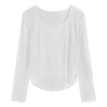 T-shirt Manga comprida Irregular T-shirt Branca T-shirt das Mulheres T-shirt Início do Outono, T-shirt Assentamento Topo 0