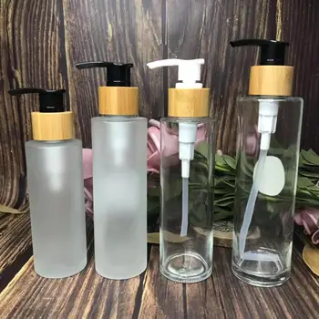 100ml de vidro fosco frasco de spray de bambu frascos de loção com bomba preto tampa, shampoo cuidados com a pele clara frasco de vidro frasco de 0