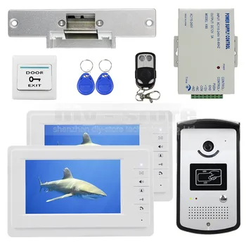 DIYSECUR de 7 polegadas Vídeo Porta Telefone Kit de 1V2 + Bloqueio de ataque + Controle Remoto + Saída Botão + Pingentes + PSU