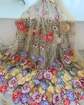 1 Jarda Champanhe 3D de Bordado de Flor de Malha de Tecido de Renda Floral Multicolorida Applique para Noivas Decoração,Festa Vestido de baile 0