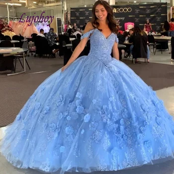 Céu Azul Vestidos de Quinceanera Bola Vestido Plus Size Off Ombro Mexicano Princesa Masquerade Longo Sweet 16 Vestido de Baile de 15 anos de idade