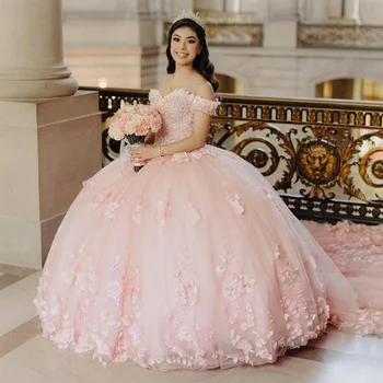 Pink Princess Vestidos de Quinceanera Bola Vestido Off Ombro 3D Rose Flores Inchado Sweet 16 Vestido de Festa de Celebridades Vestidos de Formatura